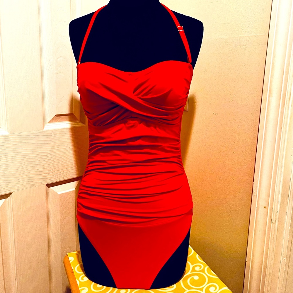 LOFT red ruched one piece maillot swimsuit, size 10